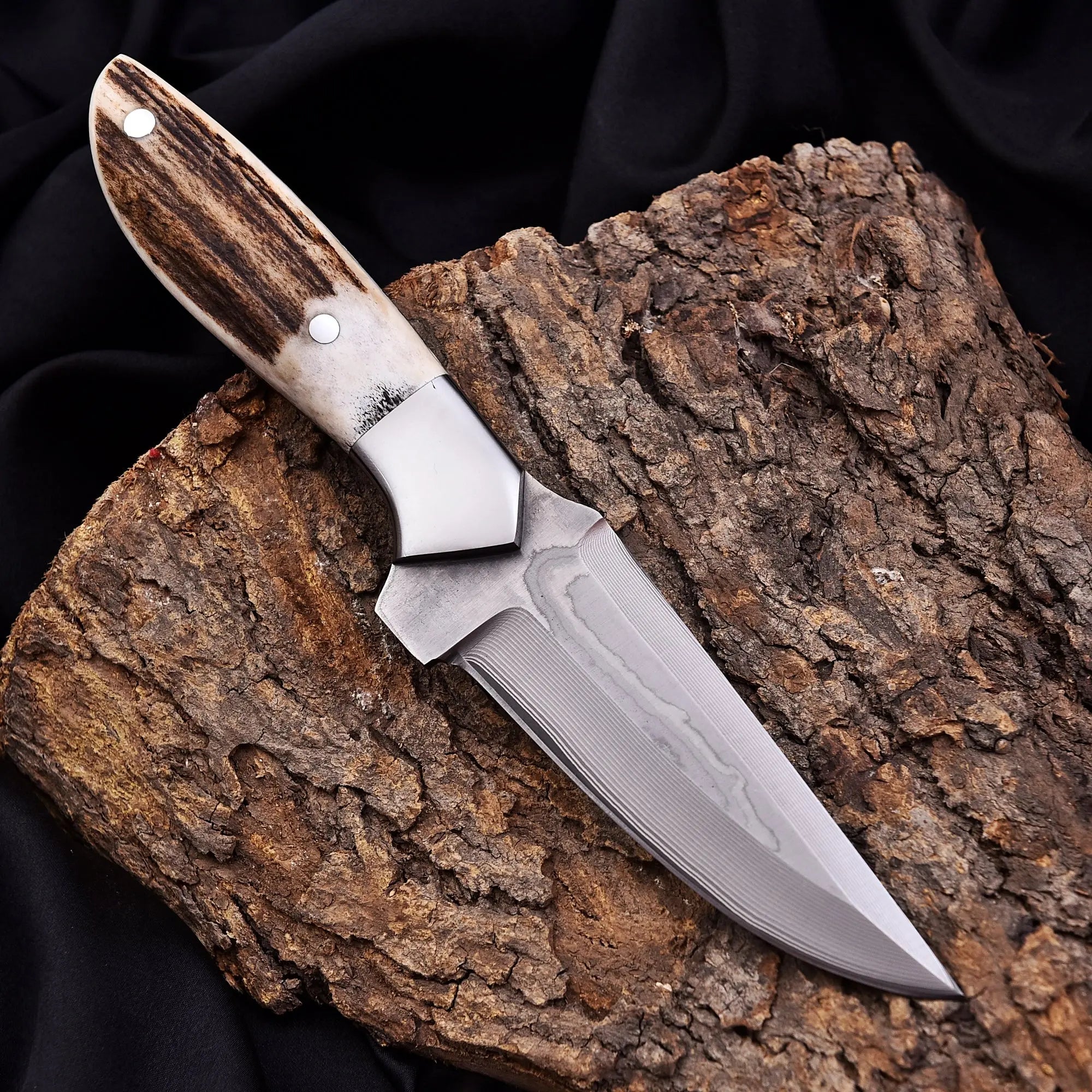 san mai outdoor knife with stag handle Faneema Cutlery