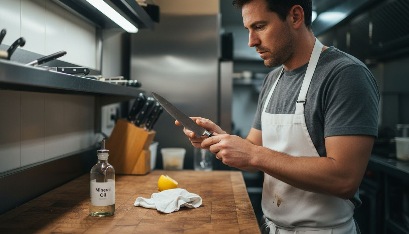 Chef inspecting and maintaining kitchen knife at counter