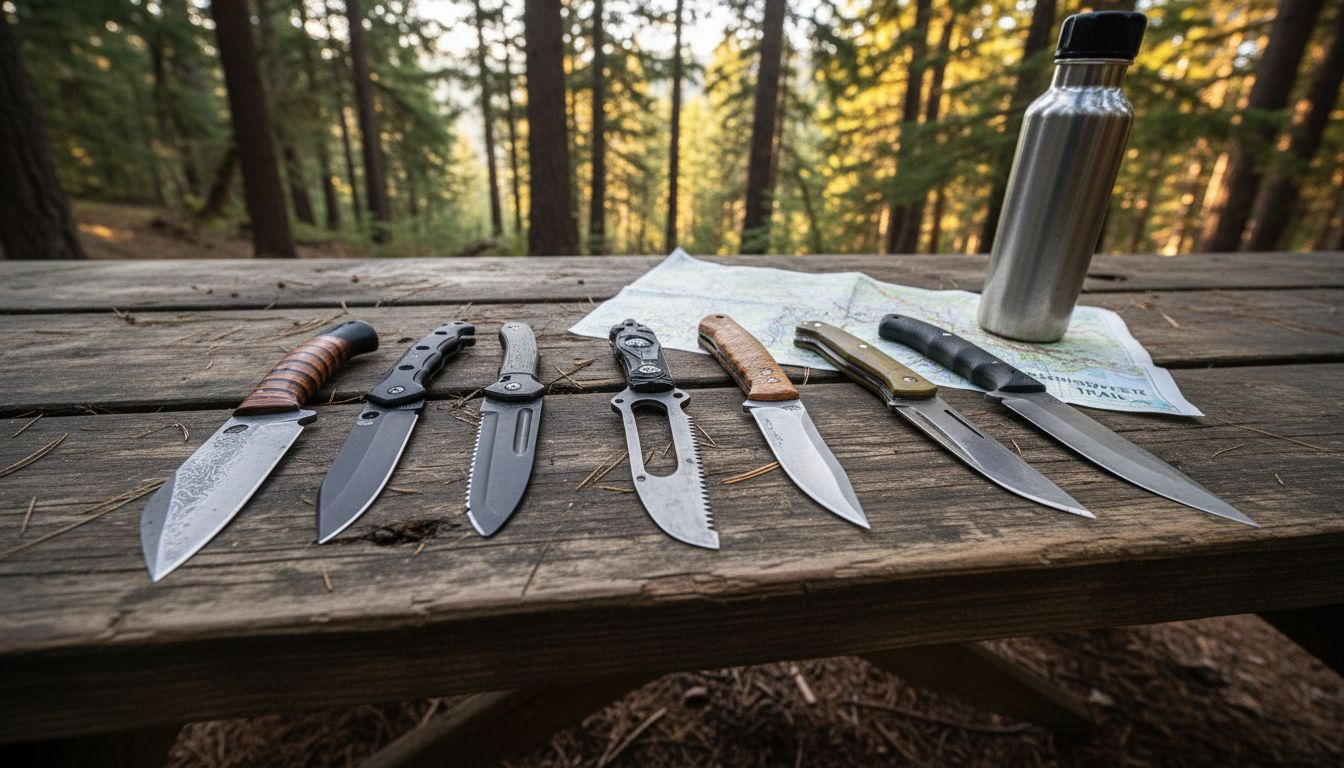 Seven outdoor knives on forest picnic table