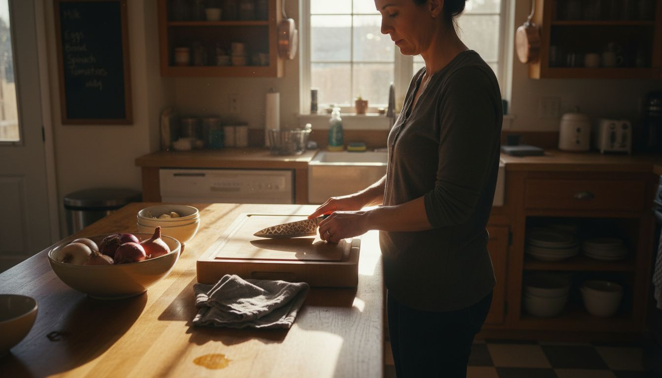 Home cook preparing kitchen workspace for knives