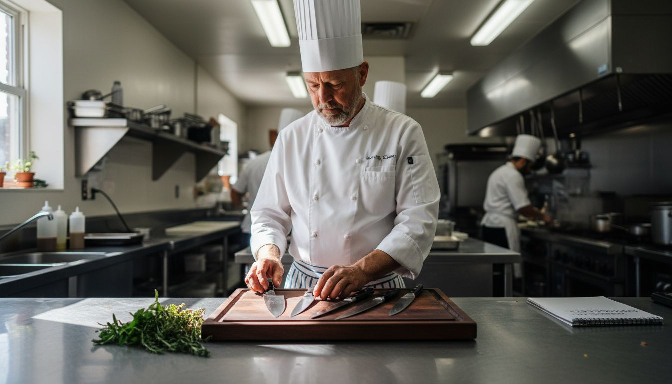 Chef arranging knife set in kitchen