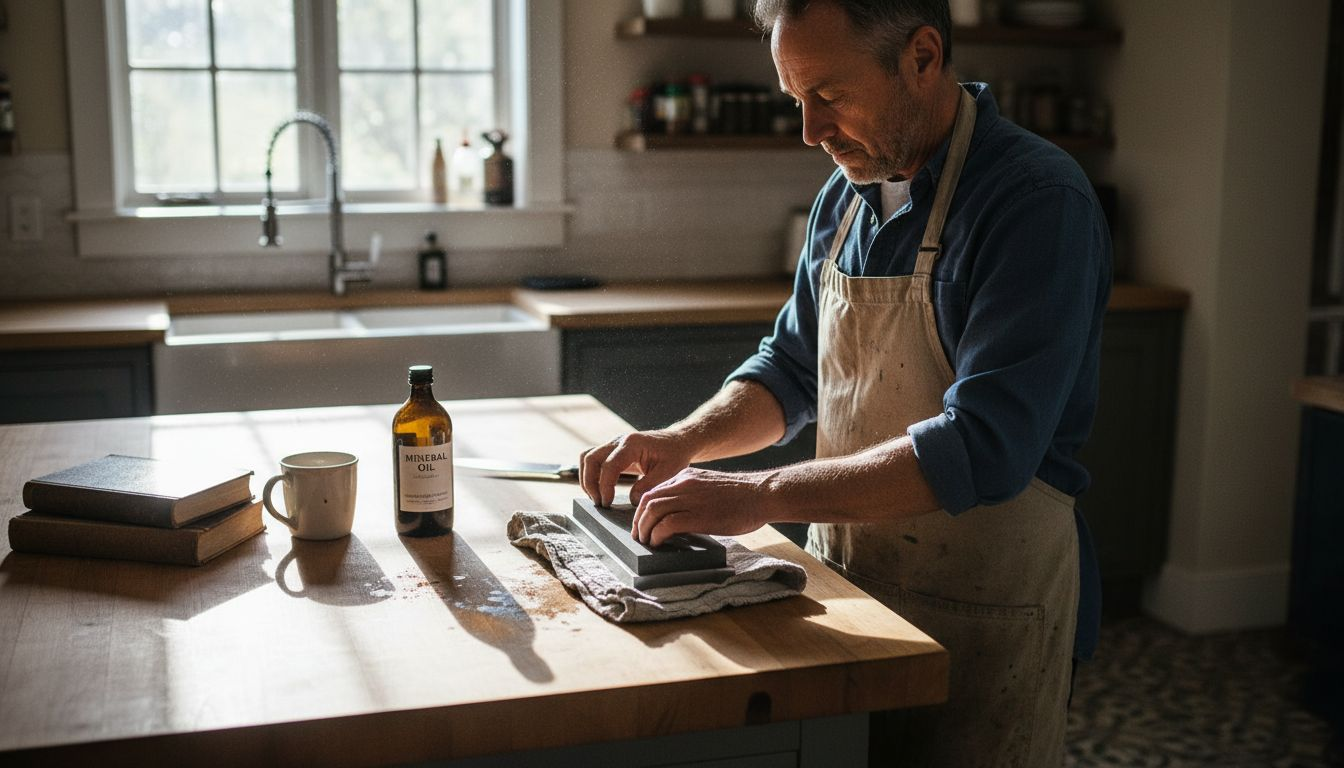 Chef preparing knife maintenance workspace