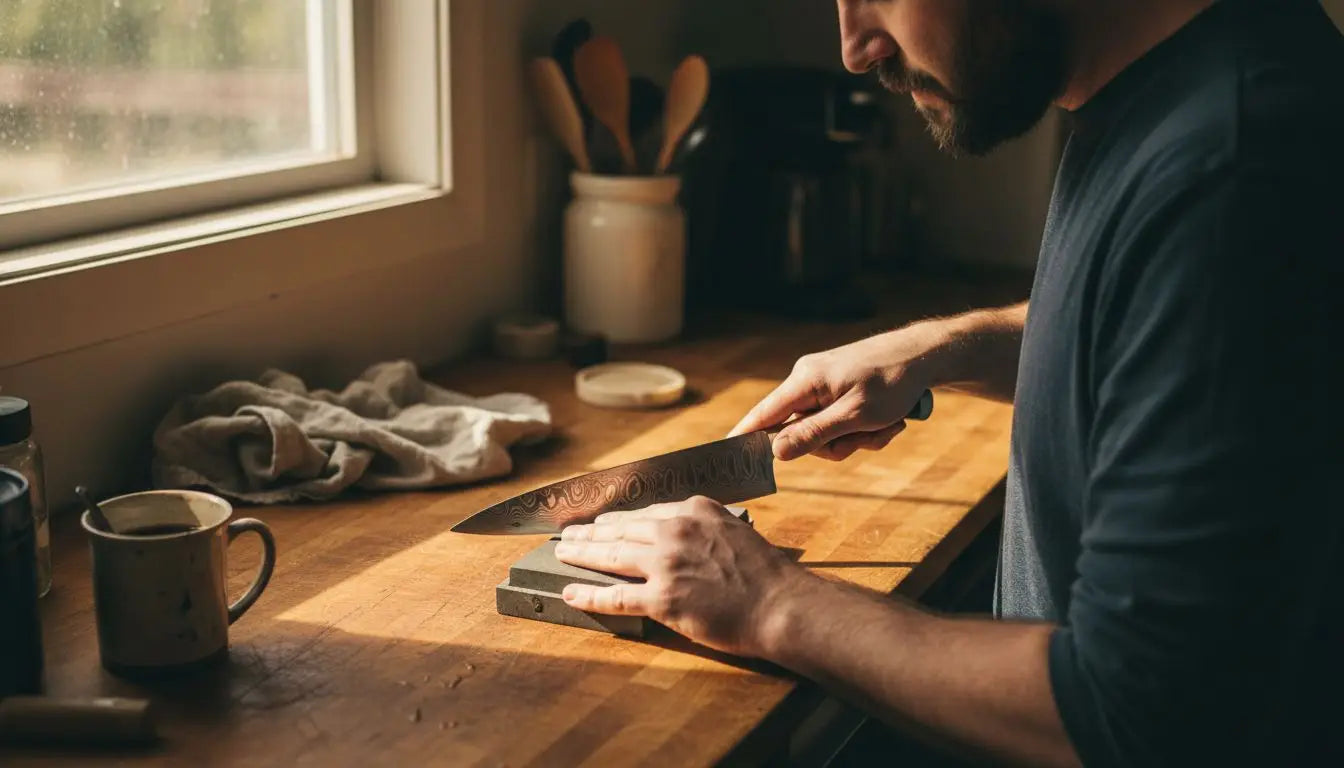 Sharpening Damascus knife at wooden kitchen counter