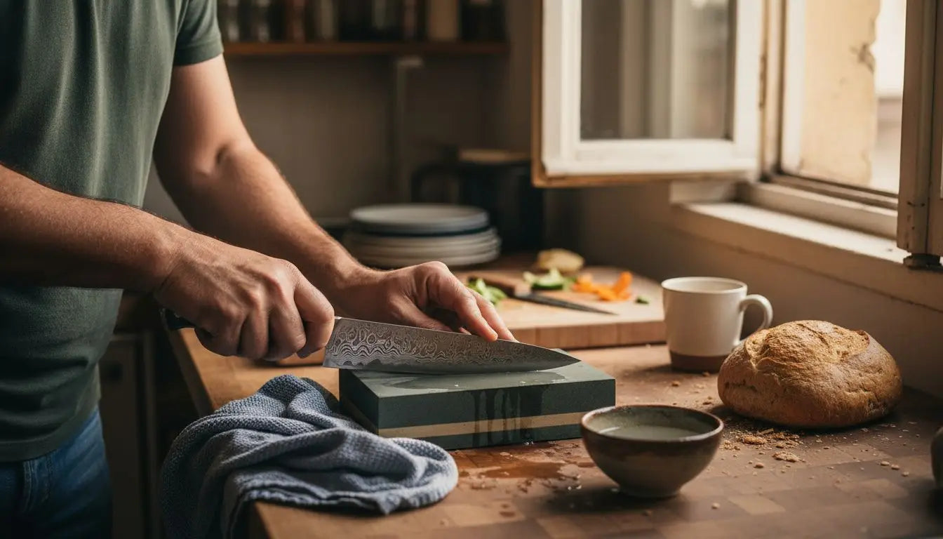 Sharpening Damascus steel knife with water stone