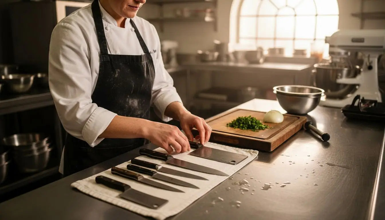 Chef arranging essential knives on prep table