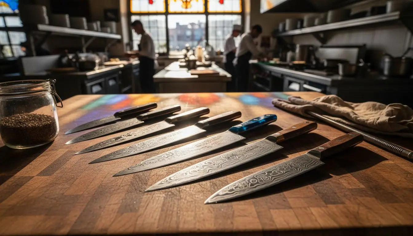 Lineup of Damascus steel knives on butcher block