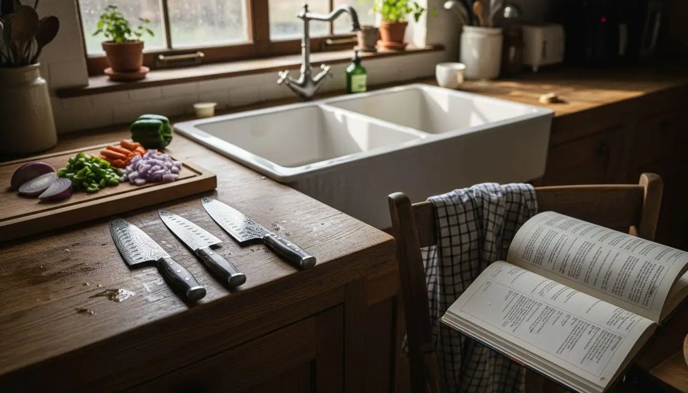 Damascus chef knives on cluttered kitchen counter