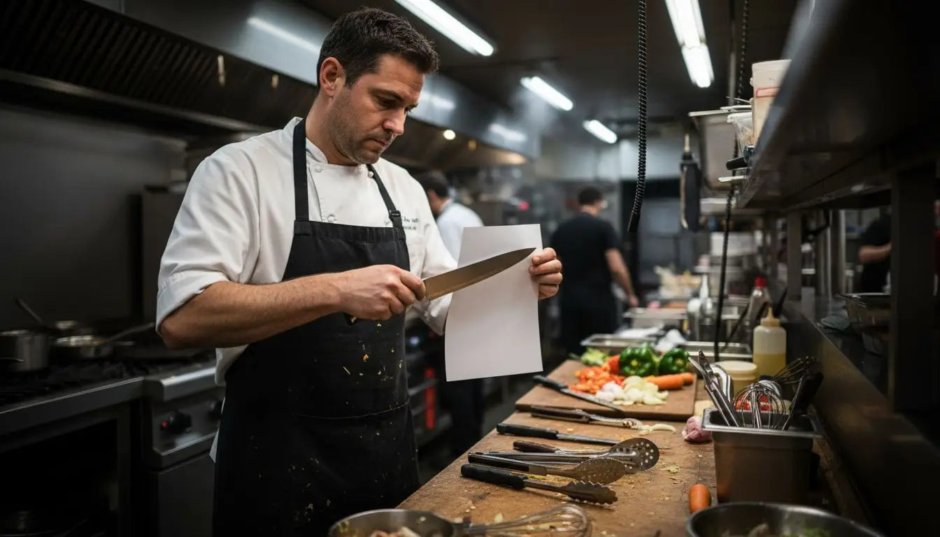 Chef testing knife sharpness with paper