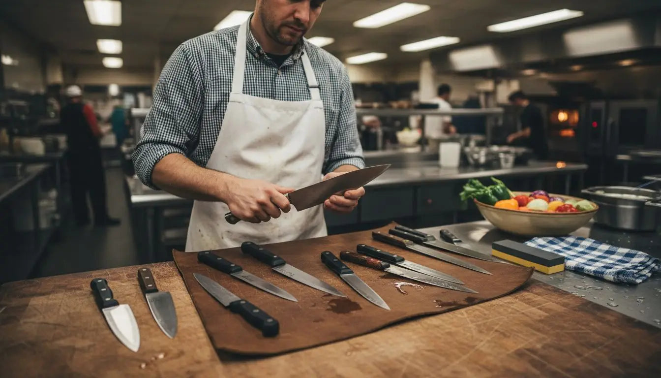 Chef examines assorted kitchen knives
