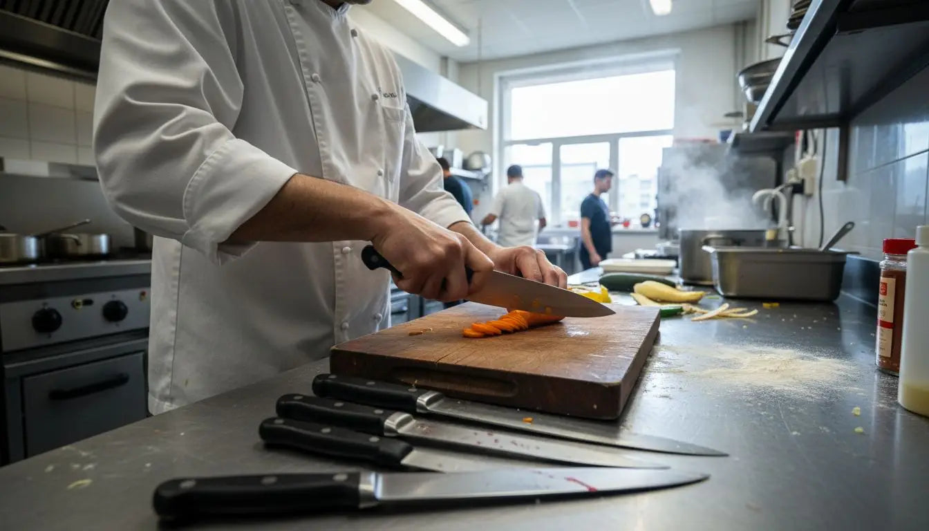 Chef slicing carrots with kitchen knives