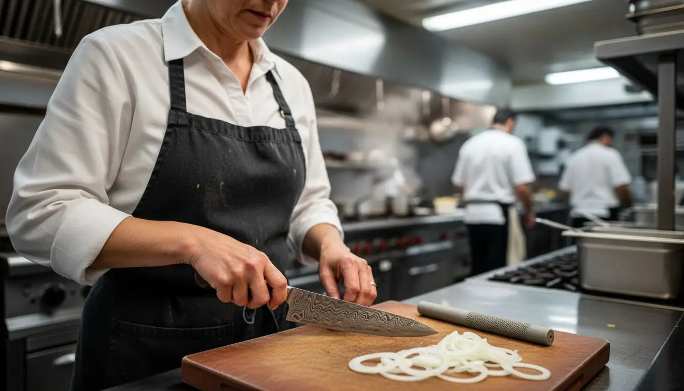 Chef examines Damascus steel knife for wear