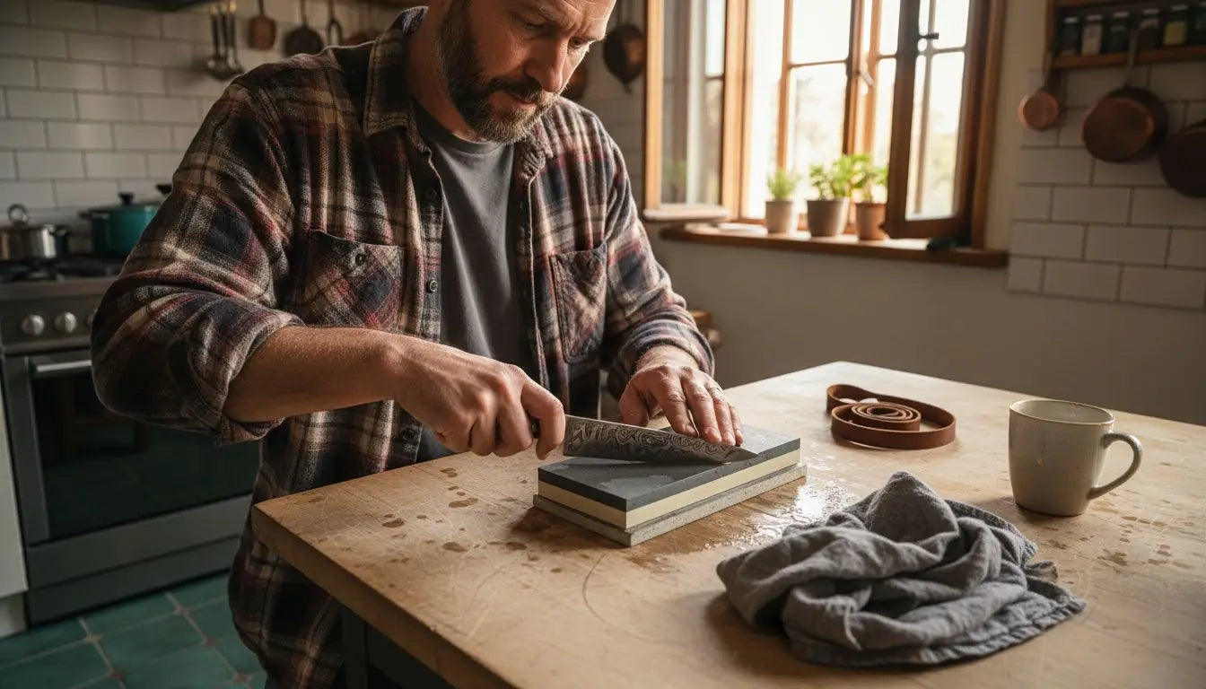 Sharpening Damascus knife with whetstone at kitchen table