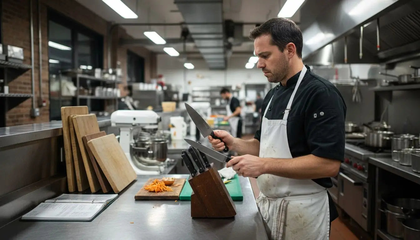 Chef selecting knife at cluttered kitchen station