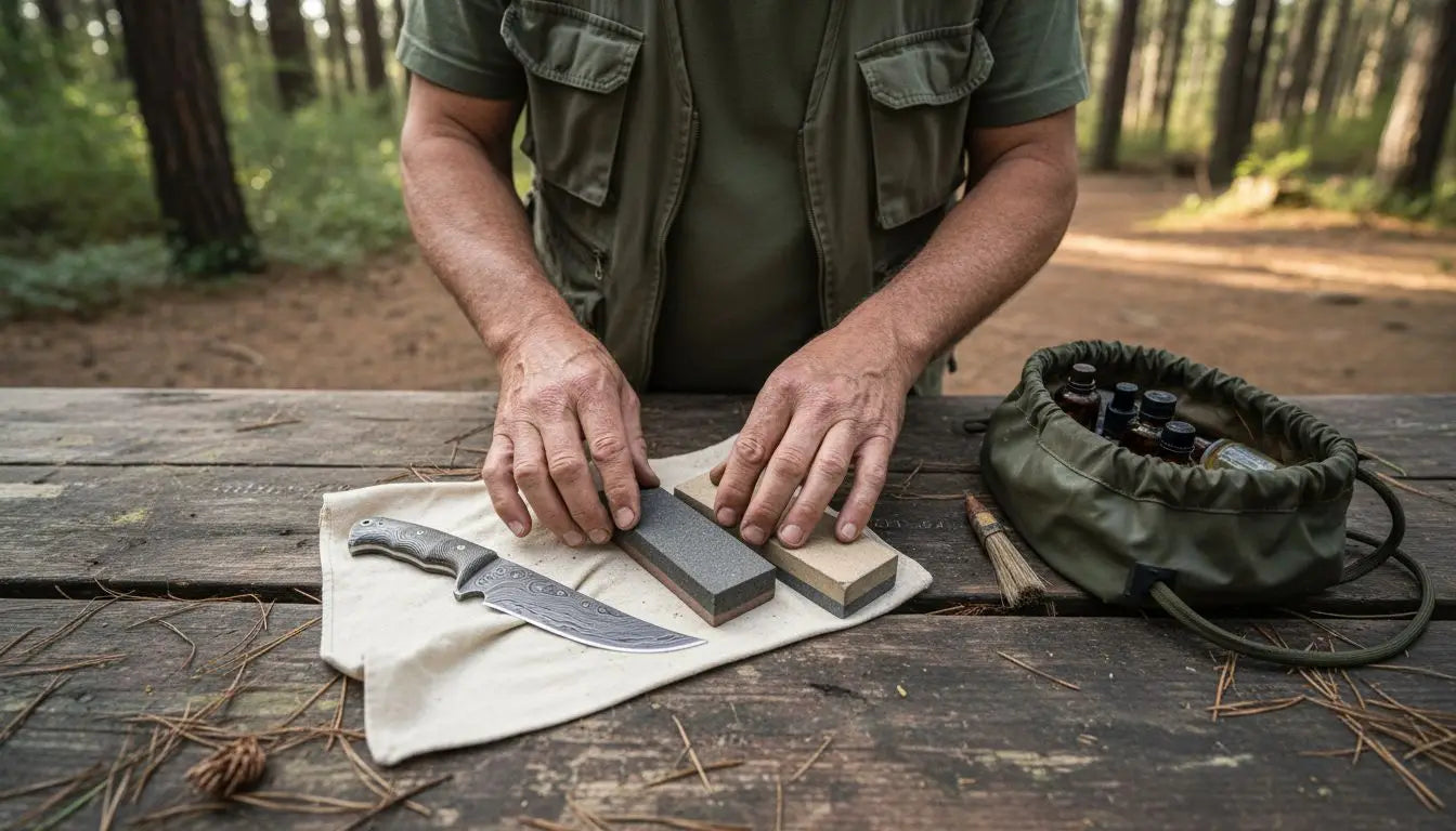 Man organizing knife maintenance tools outdoors