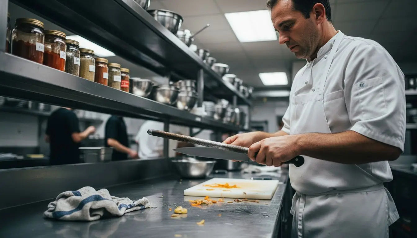Chef meticulously honing kitchen knife in restaurant