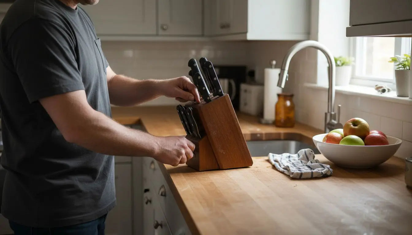 Home chef choosing knife from kitchen knife set