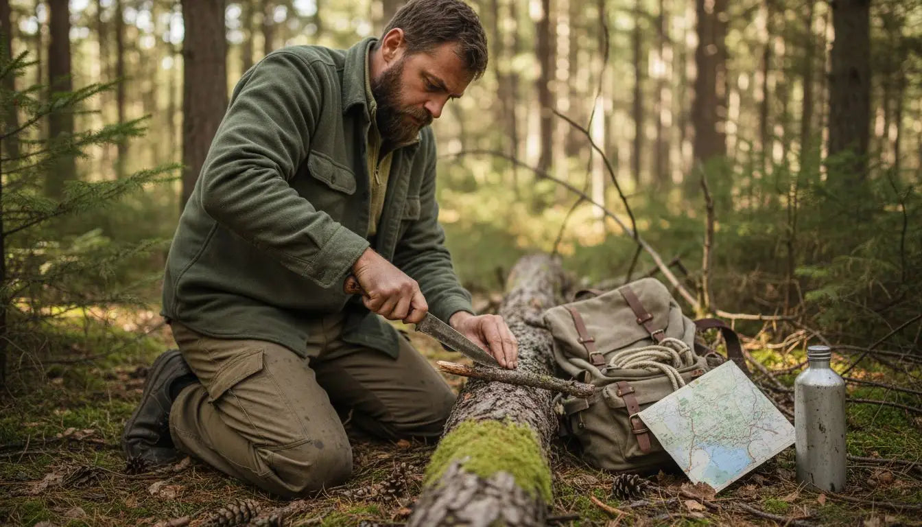 Camper using survival knife in forest