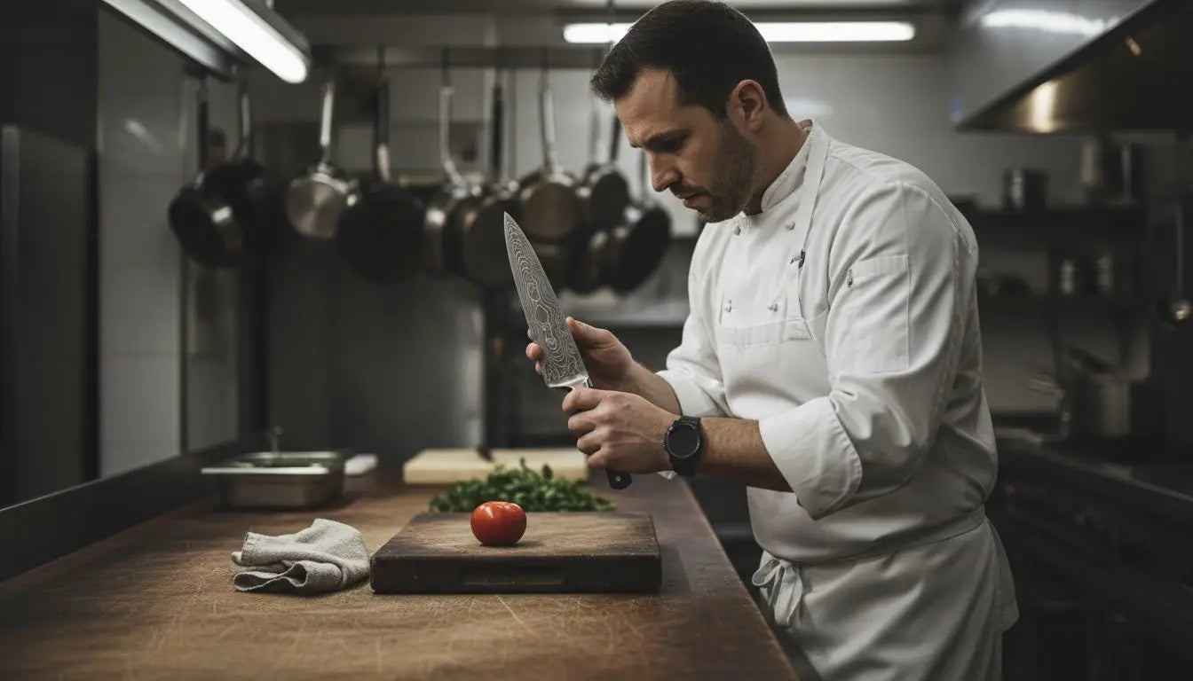 Chef inspecting Damascus steel knife at prep table