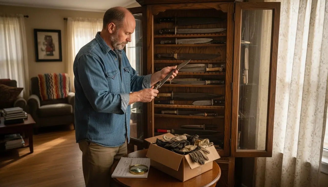 Collector arranging knives on oak display shelf
