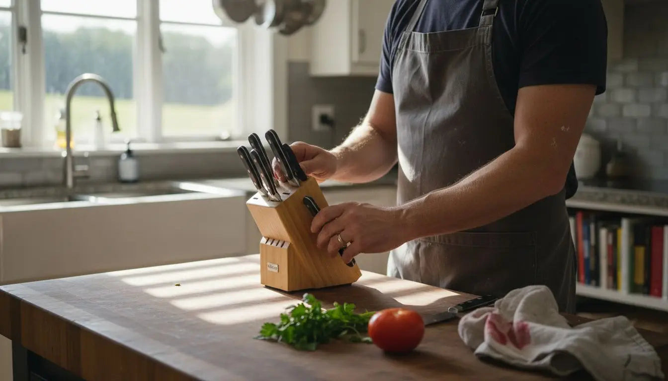 Chef unpacking knife set on kitchen counter
