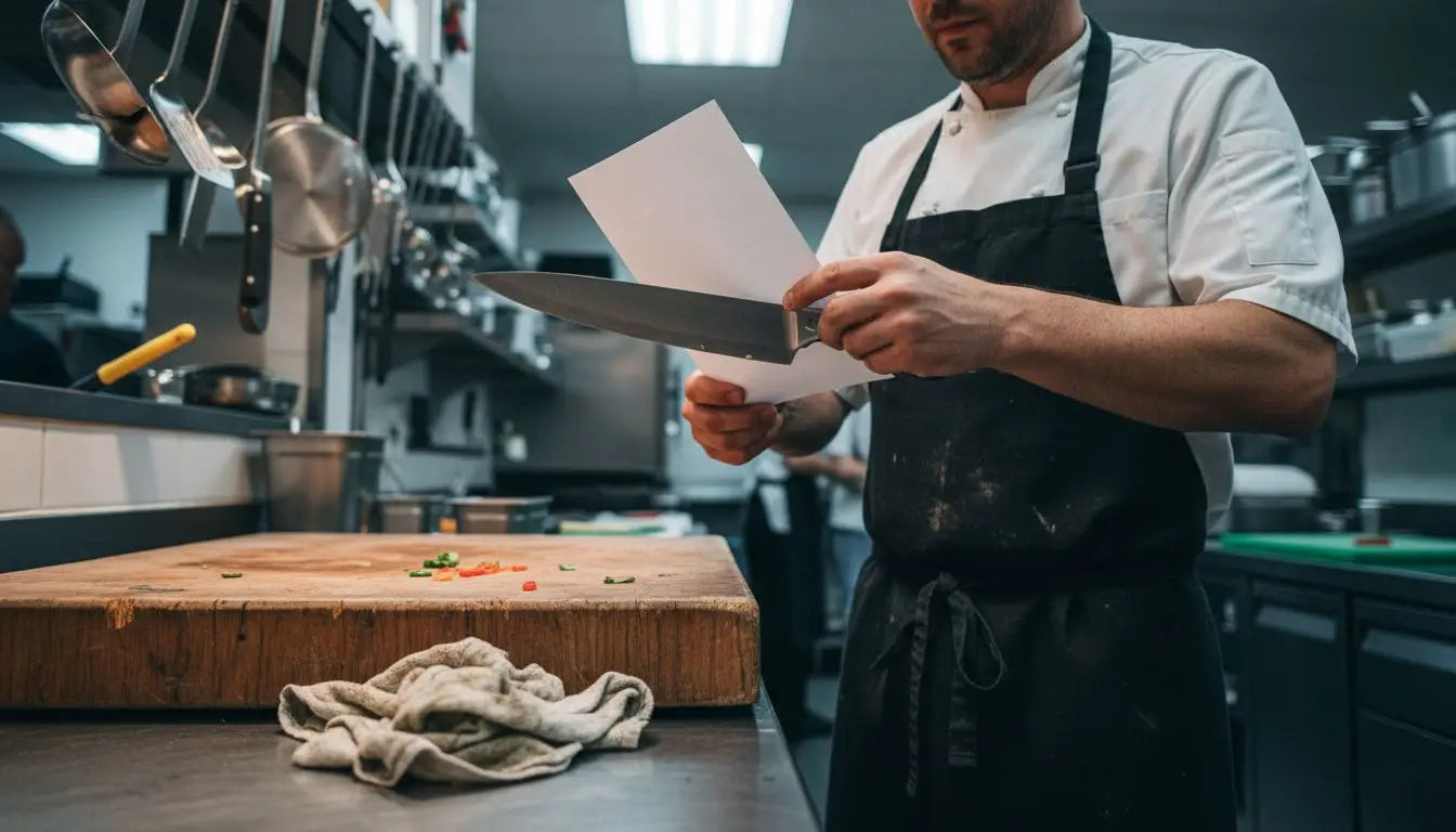 Chef testing knife sharpness on paper