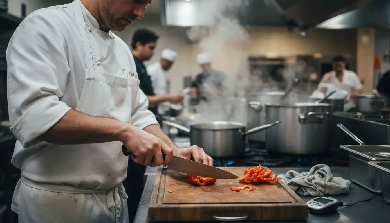 Chef slicing bell peppers with sharp knife
