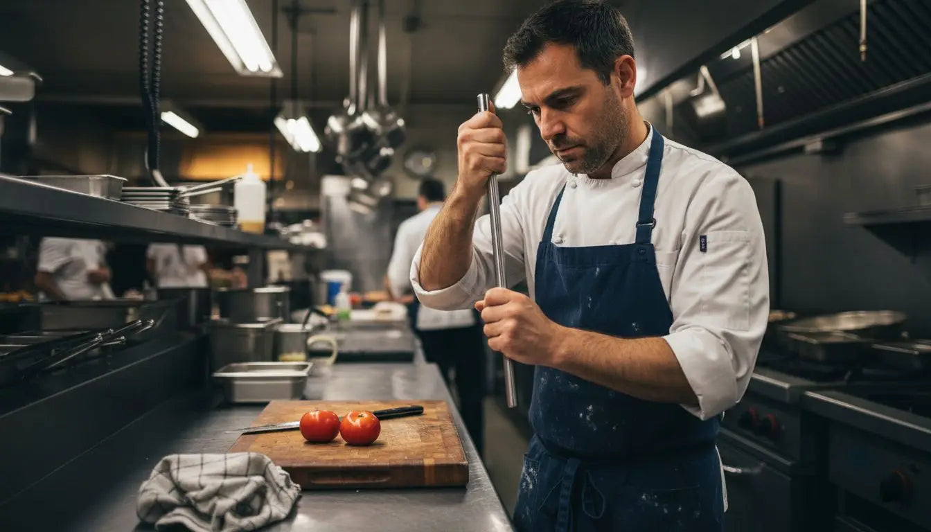 Chef honing knife at kitchen counter