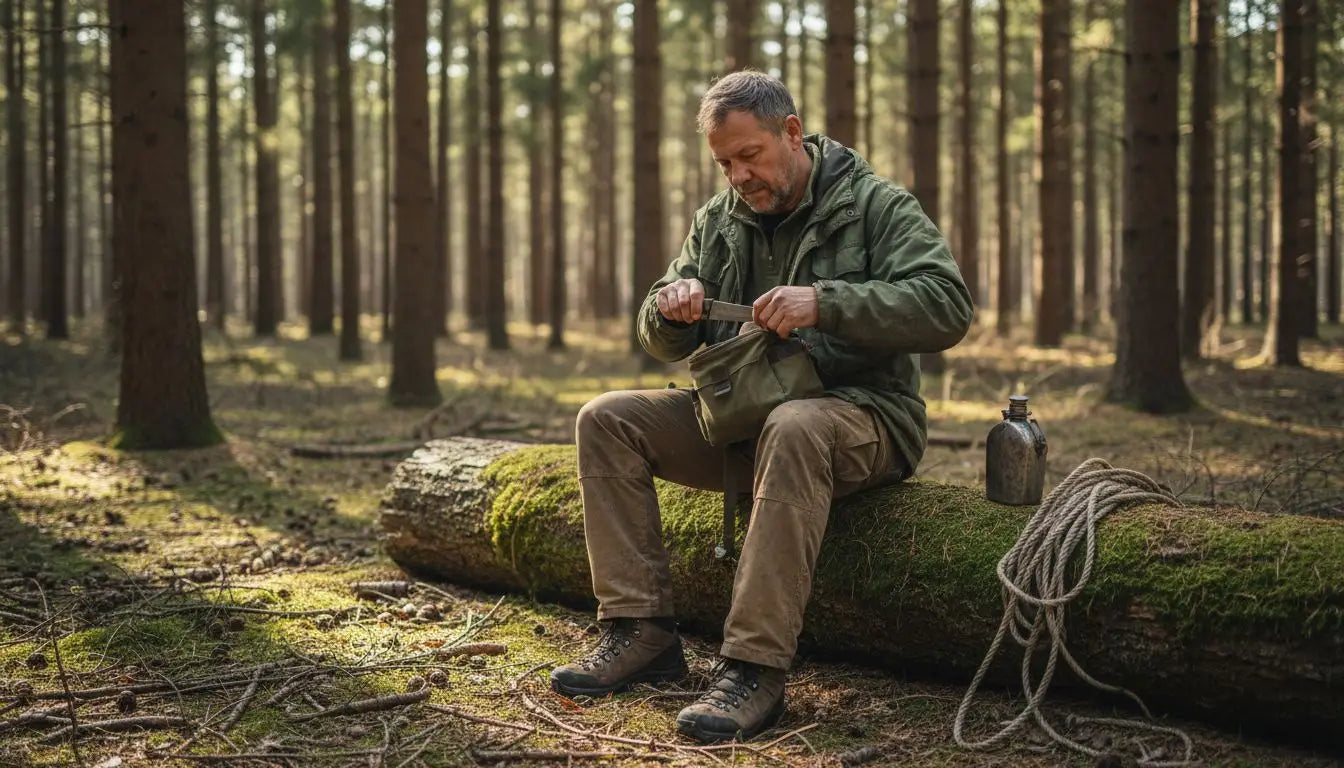 Man examining outdoor knife in forest clearing