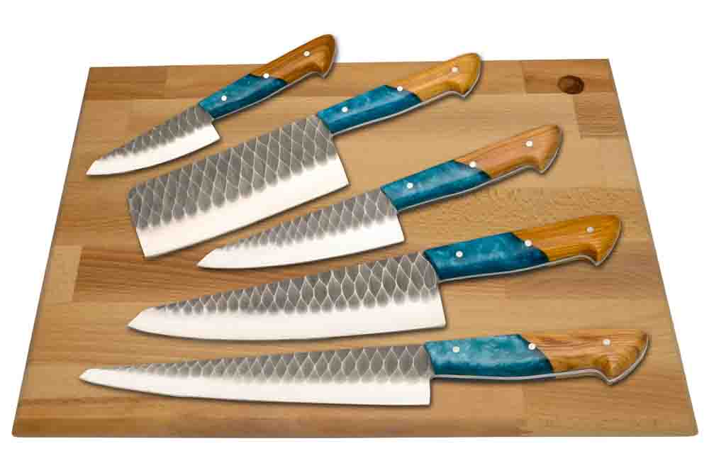 A wooden cutting board displaying five kitchen knives with blue and brown handles, featuring various blade shapes and sizes tailored for different culinary uses.