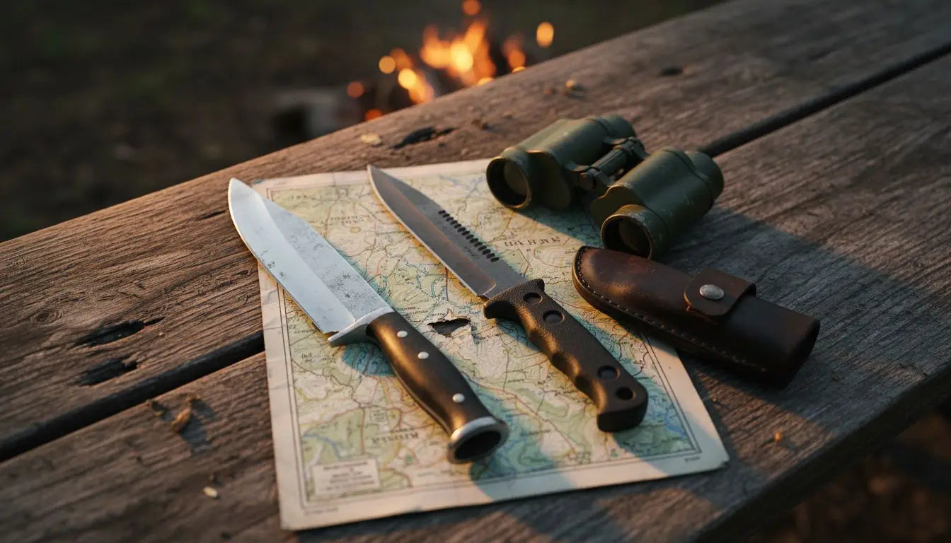 Hunting and survival knives on camp table