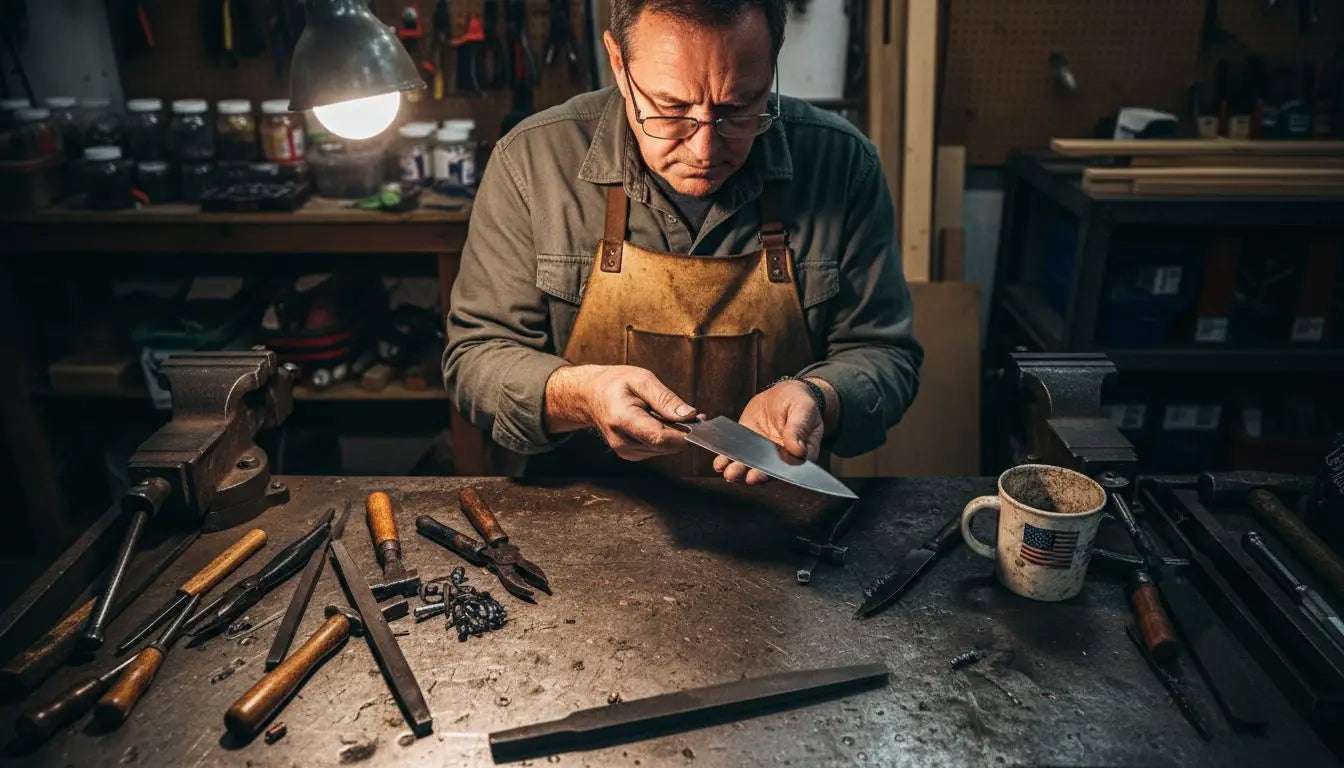 Craftsman inspecting forged knife blade