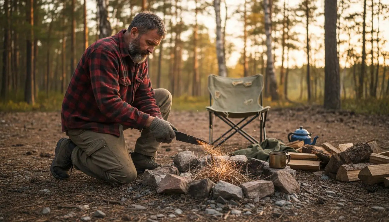 Hiker using knife to start campfire
