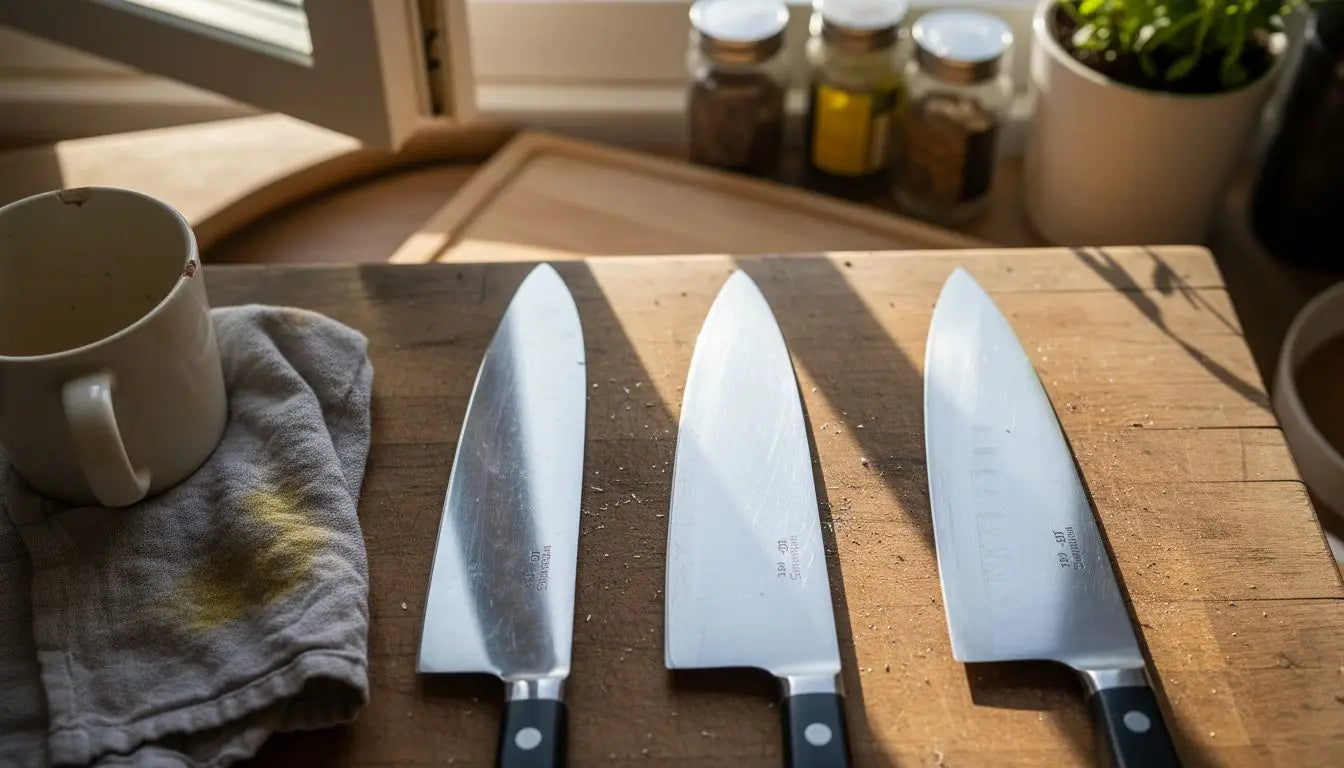 Three knives with different edge angles