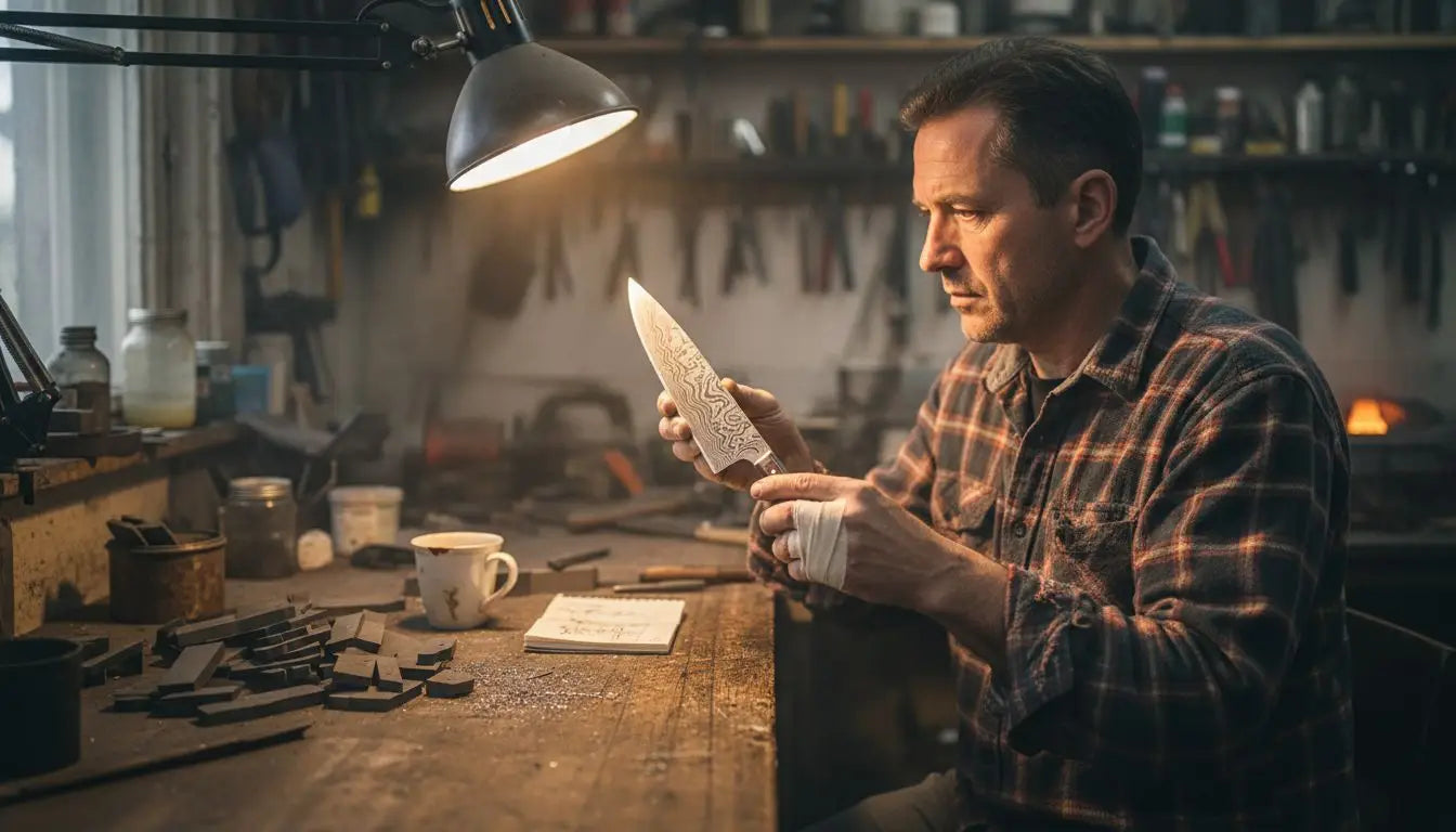 Craftsman inspecting forged blade for quality