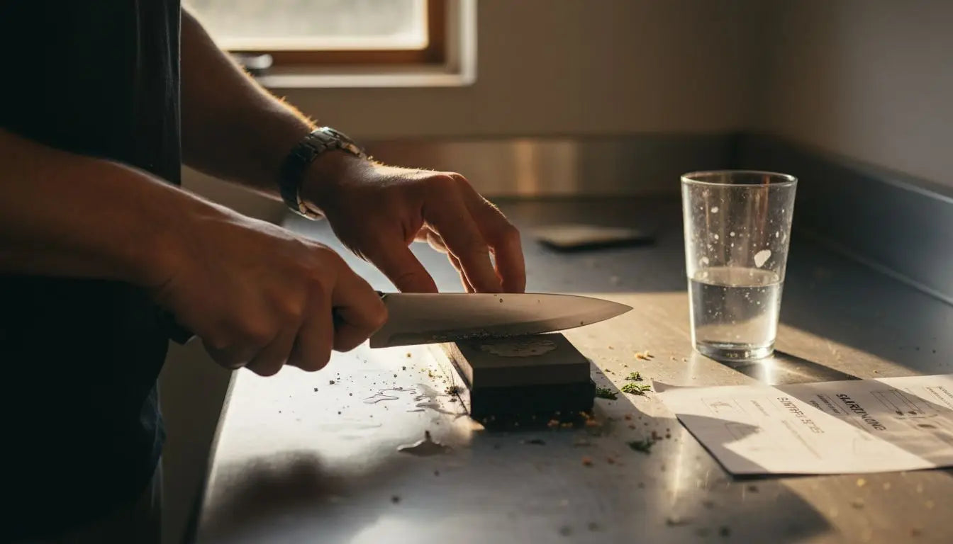 Close-up sharpening knife on whetstone