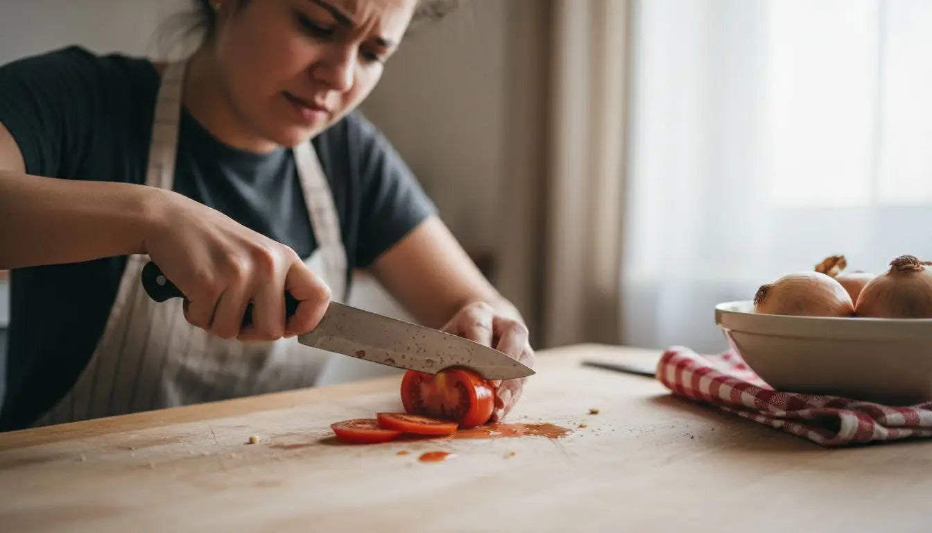 Cook struggling with dull kitchen knife