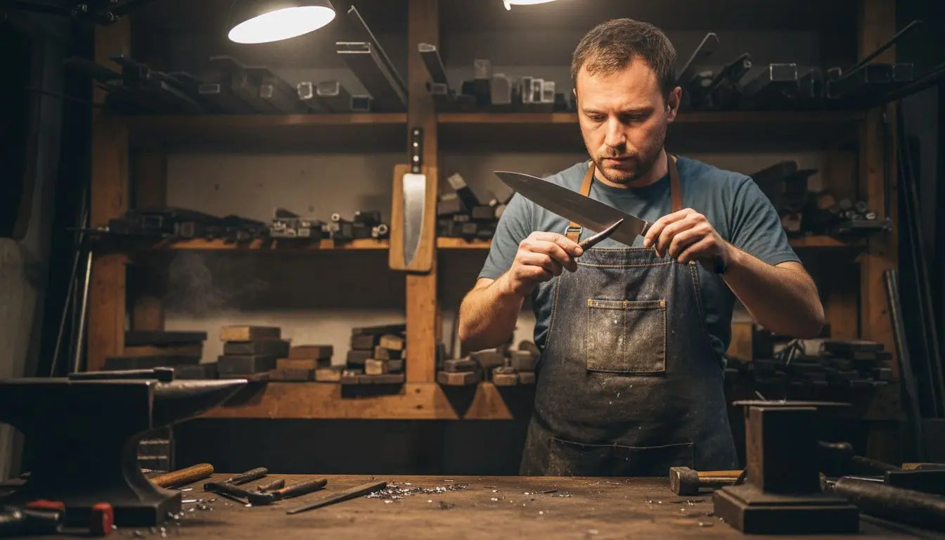 Artisan inspecting steel kitchen knife edge