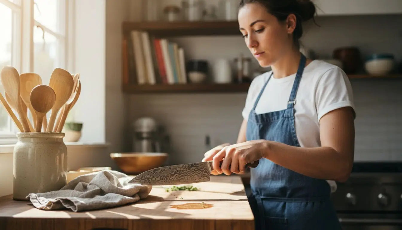 Chef demonstrating correct Damascus knife grip