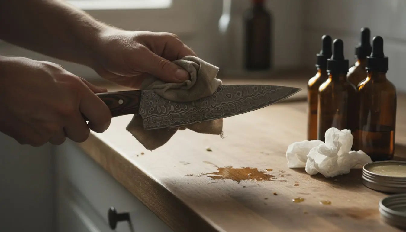 Applying oil to wooden knife handle