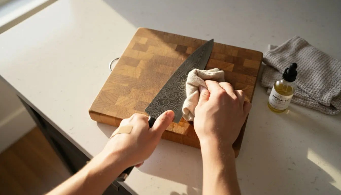 Close-up cleaning Damascus steel knife on board
