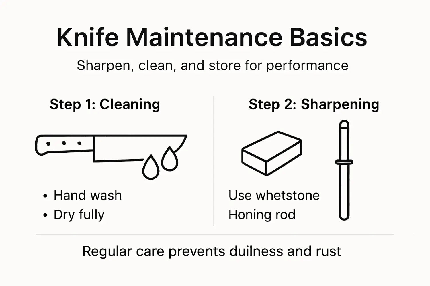 Infographic showing knife cleaning and sharpening steps