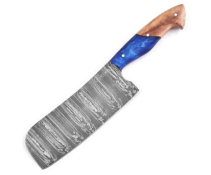 Introducing the Sapphire 5-Piece Kitchen Knife Set by Faneema Cutlery, featuring wide Damascus steel blades with intricate, wavy patterns and curved handles. Each handle is beautifully crafted from wood and blue resin, adding a contrasting and artistic touch to the design. This set is both functional and visually stunning.