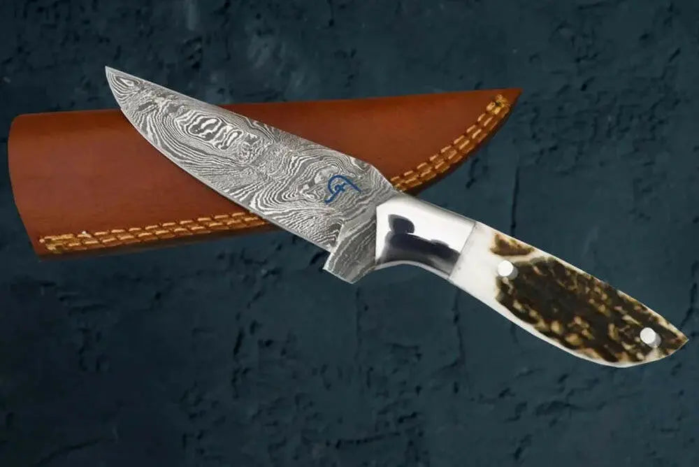 Damascus Steel Outdoor Knife with Antler Handle by Faneema Cutlery