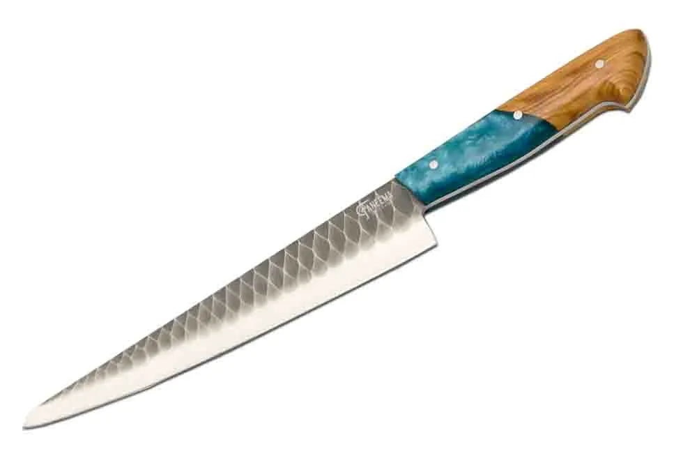 Damascus slicer with turquoise handle and hammer work