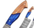 Faneema Cutlery artisan forged chef knives with wooden and blue resin handles in a kitchen knife set