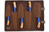 Faneema Cutlery kitchen knife set with artisan forged chef knives featuring blue and wooden handles in a brown leather case