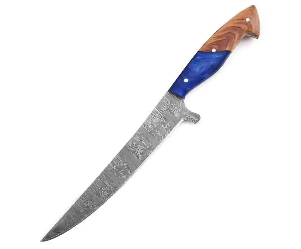 Faneema Cutlery artisan forged chef knives with patterned blade and blue wooden handle