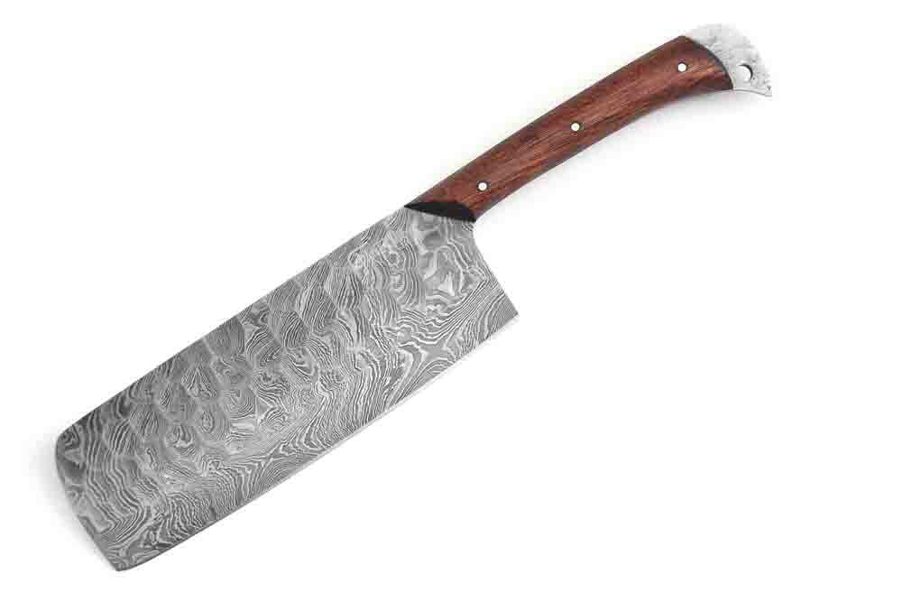 Faneema Cutlery artisan kitchen cleaver knife with patterned blade and wooden handle