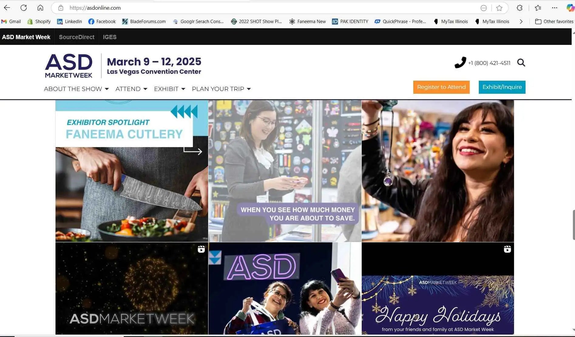 Asd market week promotional webpage featuring event details, exhibitor highlights like faneema cutlery, and festive holiday greetings.