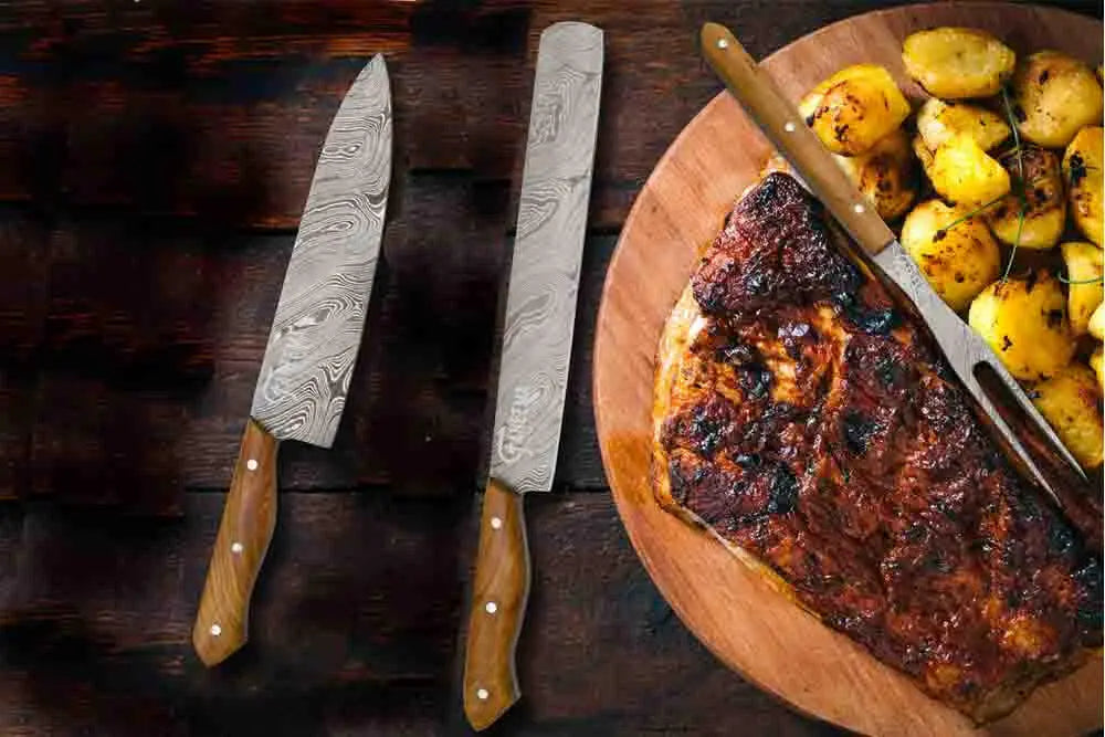 Faneema Cutlery BBQ set with steak knives and grilled meat on wooden board best knife set for barbecue